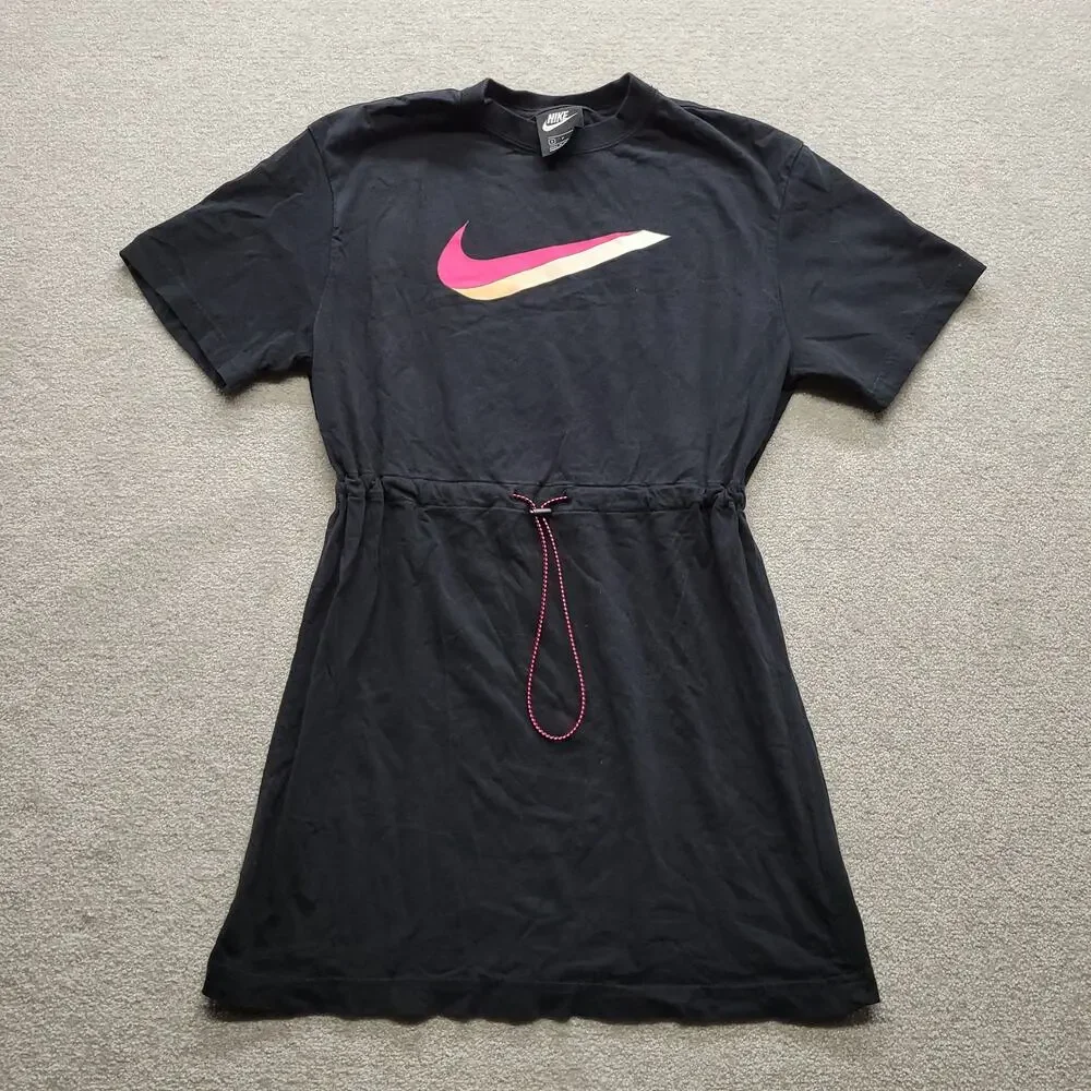 Nike Womens S Black Swoosh T Shirt Dress Cinch Waist Short Sleeve Athletic